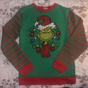 Dr. Seuss Kids/Adult Small Ugly Christmas Sweater w/ red and green striped arms.